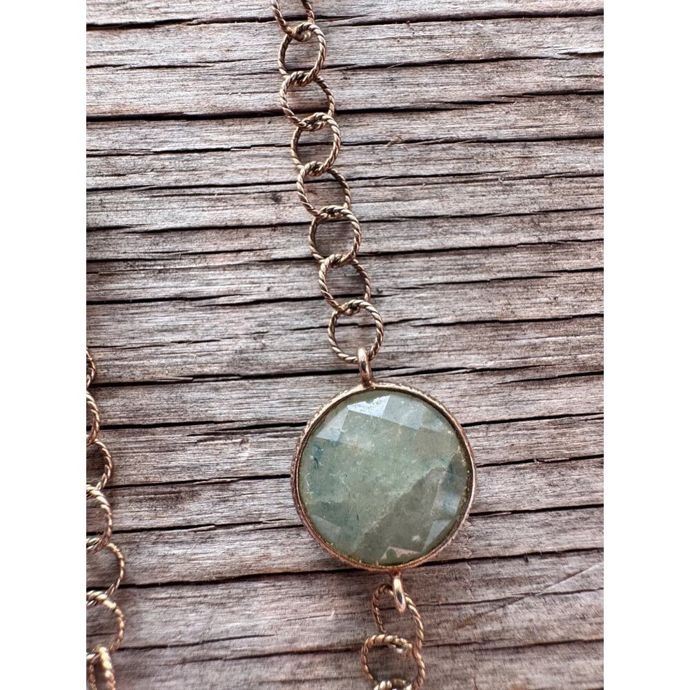 AV 925 Sterling Silver Station Necklace Green Aventurine Bezel Set Two Tone Bead - Picture 3 of 5